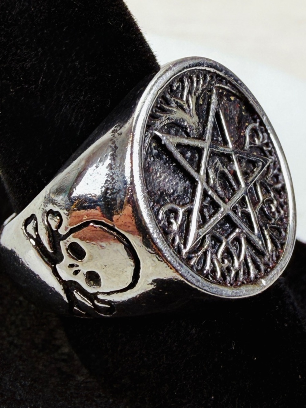Pentagram stainless steel tree of life Skull Ring size 7 1/2